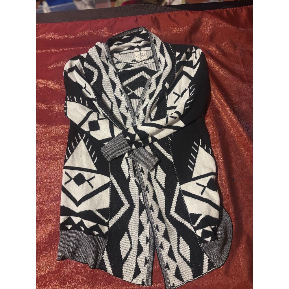 St Johns Bay Cardigan Womens S Black White Aztec Geometric Front Shawl Collar